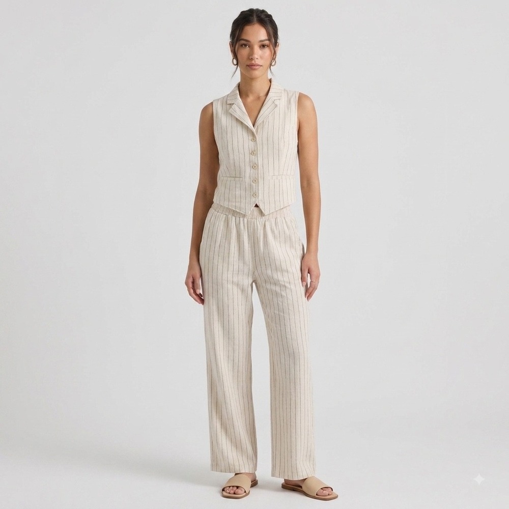 Edit By Nine Womens Medium 2 Piece Set Linen Blend Pinstripe Vest Pants Cream